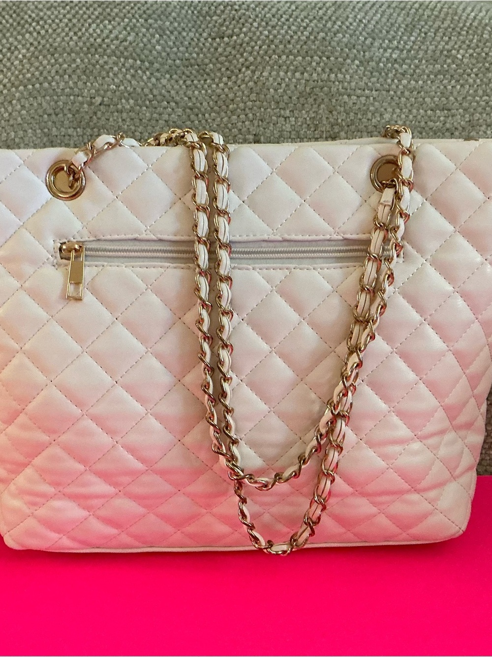 Quilted White Faux Leather. Bag with Gold tone Chain